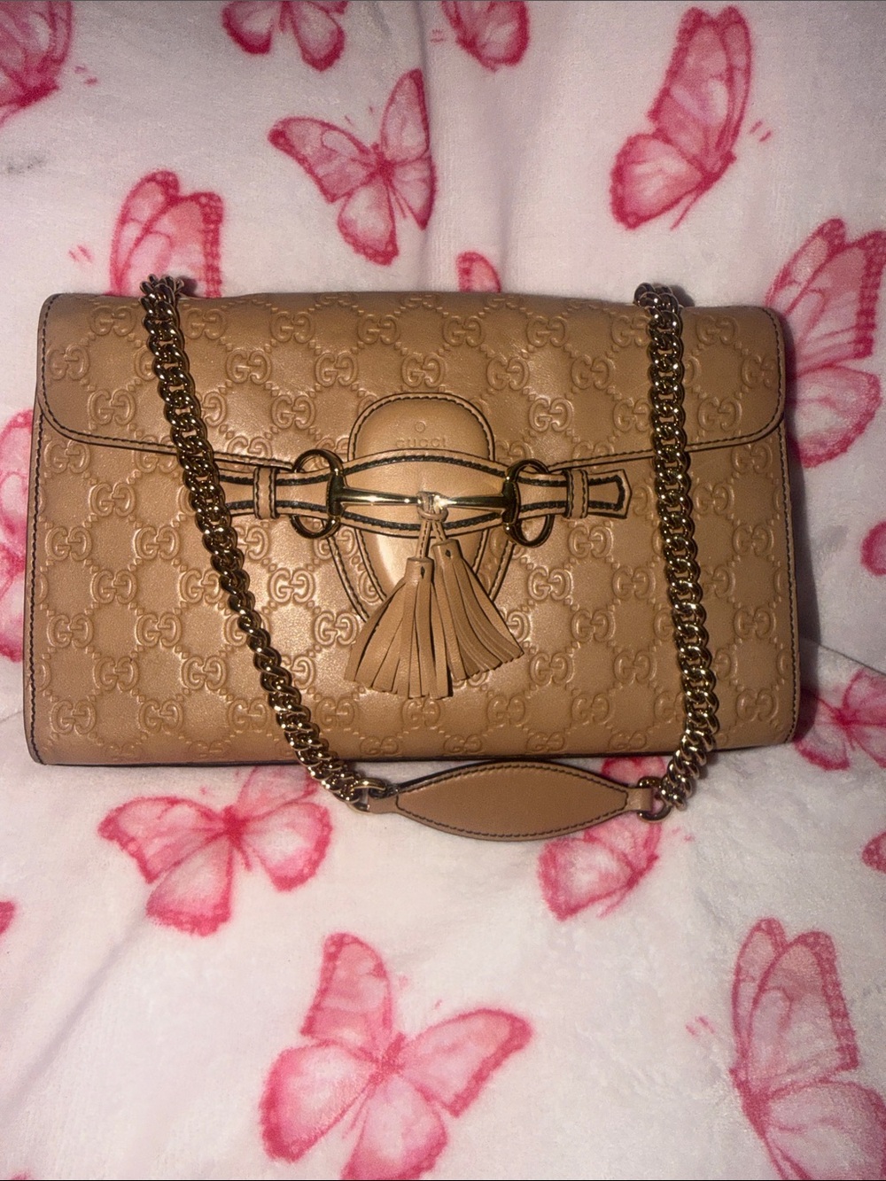 Gucci Beige/Tan GG Emily  Marmont Tassel Shoulder Bag with Gold Chain